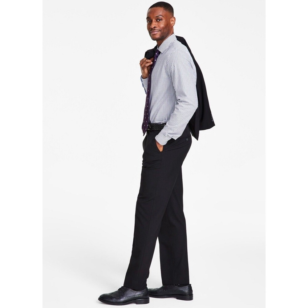 NEW NAUTICA MENS 49X32 SOLID BLACK SOFT STRETCH TROUSERS DRESS PANTS SLACKS